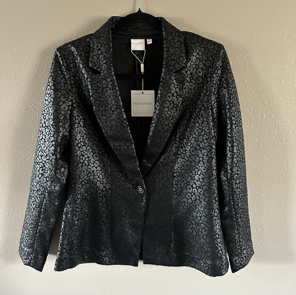 Zac & Rachel Black Gray Animal Print Single-Breasted Lined Blazer One-Button